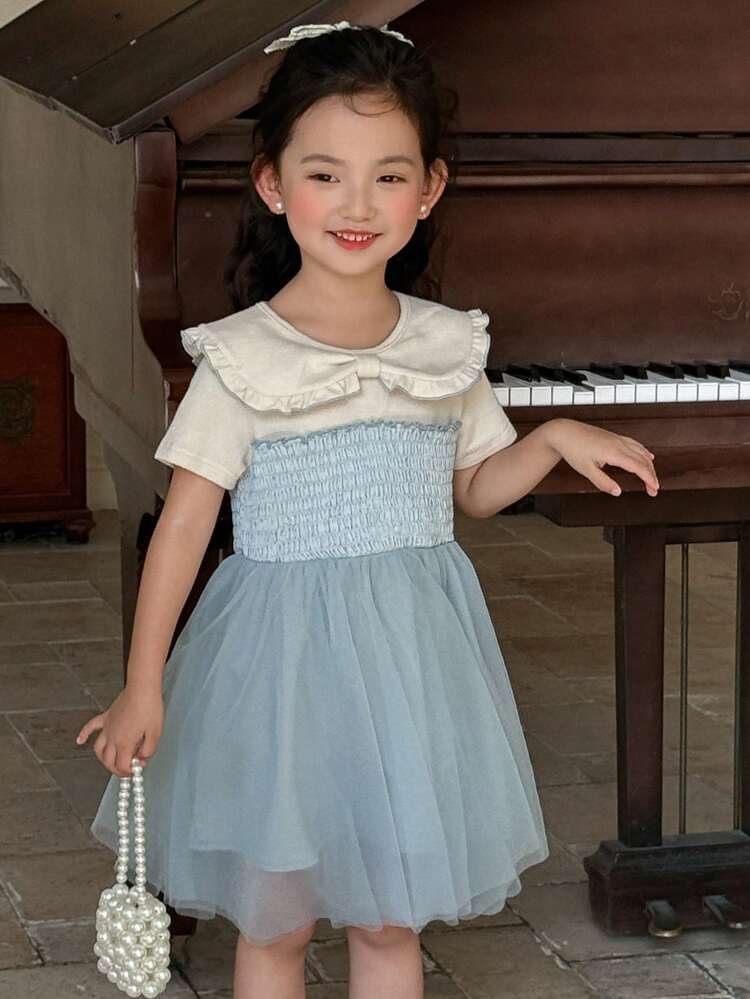 Young Girls Peter Pan Collar Splice Casual Mesh Mid-Length Short Sleeve Summer Dress