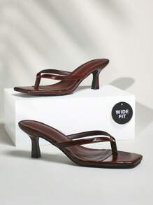 SHUZIA Wide Fit Women's Kitten Heel Square Toe Slip-Ons Glossy PU Coffee Thong Strap Sandals - Plus Size Comfort For Weddings, Evening Parties & Formal Events