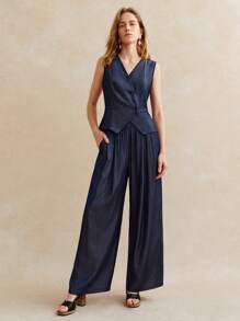 Écloséra French Retro Elegant V-Neck Tie-Up Gathered Waist Vest Top + Versatile Straight Wide-Leg Pants Set