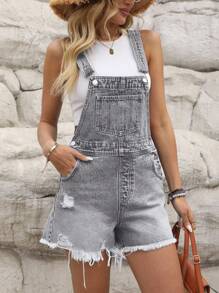 EMERY ROSE 女式磨边口袋破洞休闲牛仔背带短裤 - 灰色 - 查看 4