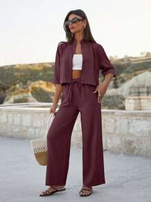 EURMUSE Damen Baumwolle Crop Hemd & hohe Taille Hosen Set