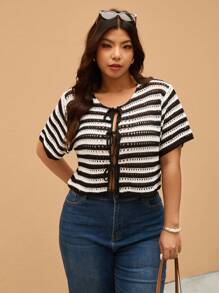 Elaquor Plus Size Women Open Front Knit Sweater, Hollow Out Stylish Plus Size Cardigan