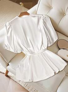 Franclia White V-Neck Puff Sleeve Tie Ruffle Trim Blouse Shirt