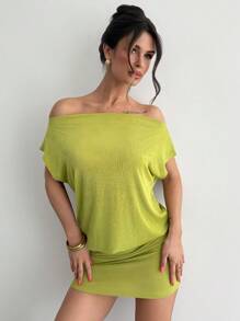 Firerie 春夏新品浪漫假期音乐节派对学校休闲纯绿色闪光雪纺露肩修身迷你连衣裙女士海滩装、机场装、度假装