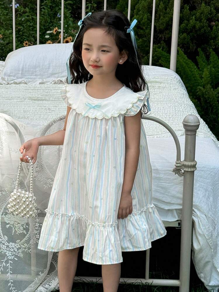 Young Girls Crew Neck Cap Sleeve Cute & Sweet Knee-Length Cartoon Dress, For Summer