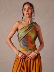 Hauture 性感夏日假期抽象印花扭纹单肩褶饰上衣 - 彩色 - 查看 5