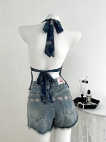 Elamini Women's Retro Print V-Neck Halter Tie Back Vest, Suitable For Spring & Summer Vacation