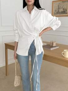 DAZY 女式撞色蕾丝斜领系带宽松长袖休闲度假衬衫，秋季 - 白色 - 查看 5