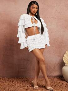 SHEIN SXY Spring And Summer Dating Valentine's Day Wedding Elegant Vacation Outfits Birthday Outfits For Woman Apricot Texture Layered Flounce And Tassel Lace Trim Long Sleeve Cardigan Cut-Out Top And Low Waist Line Layered Flounce Trim Mini Skirt Two Pieces Set