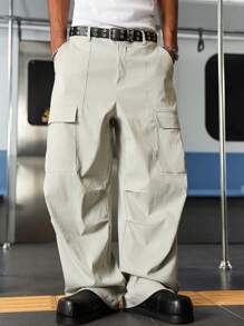 Manfinity Hypemode Men's Solid Color Cargo Pocket Pleated Wide Leg Loose Pants - Apricot - View 3