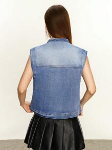 INAWLY Women's Retro Denim Zip Front Vest Jacket - Dark Wash - View 2