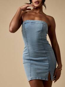 MISSGUIDED Strapless Bandeau Mini Denim Dress Bodycon Form Fitting Club Night Out Party Dress Side Slit Design - Light Wash - View 4