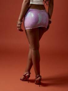 MISSGUIDED Jupe mini à paillettes pour soirée, festival, club, danse, performance. Moulante étincelante, irisée, pailletée, tenue de soirée - Parme - Voir 2