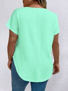 EMERY ROSE Plus Size Simple Solid Color Curved Hem Casual T-Shirt, Summer - Green - View 2