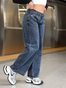 SHEIN PETITE 女式宽松口袋阔腿休闲百搭牛仔裤 - 藍色 - 查看 4