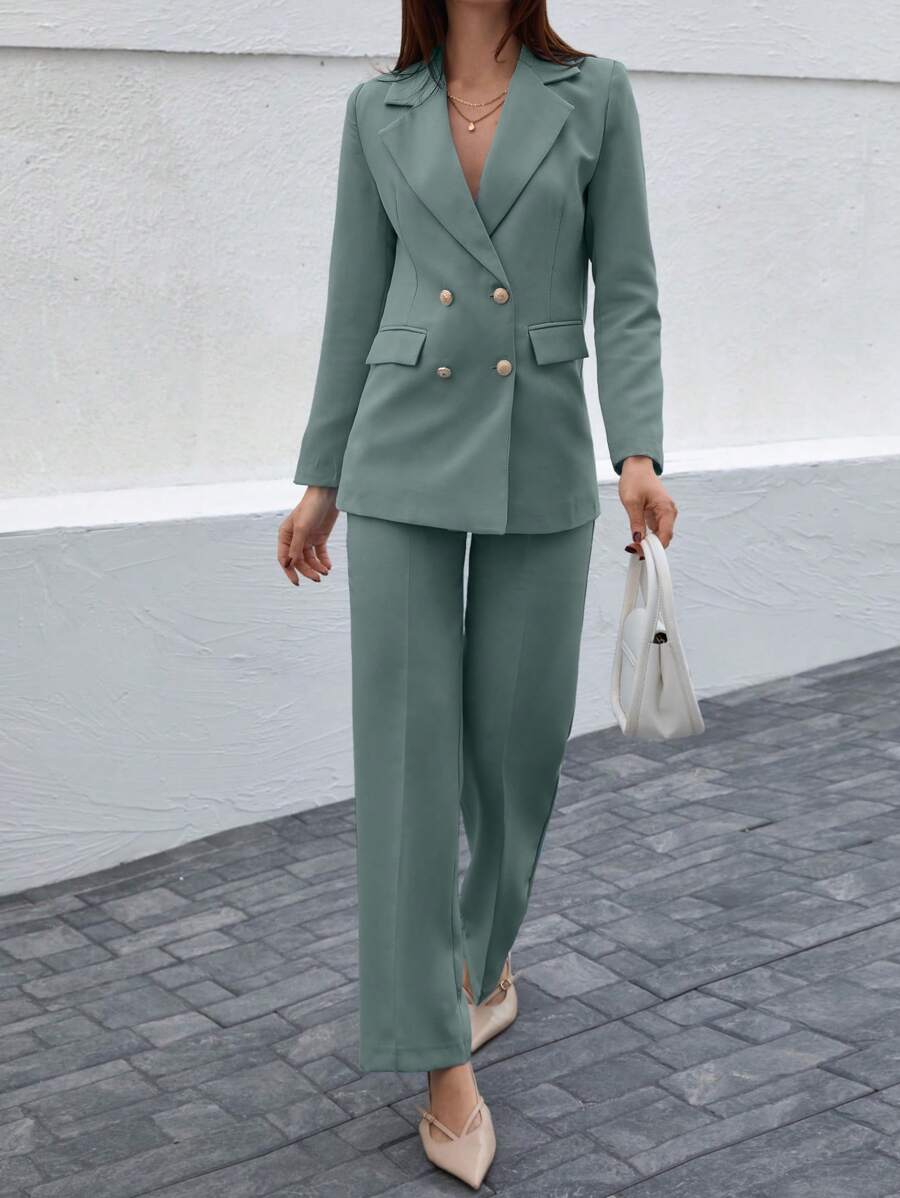 EURMUSE Women's Solid Color Lapel Shoulder Long Sleeve Gray-Green Double-Breasted Suit Set - Mint Green - View 1
