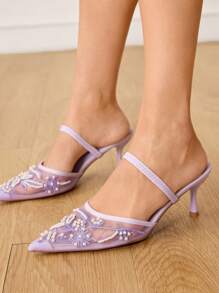 CUCCOO HITCHD Women's Pointed Toe Pearl Embroidery Lace High Heel Mules, Elegant Romantic Light Purple Mesh Dress Shoes, Bridal, Bridesmaid Shoes, Suitable For Afternoon Tea, Dating, Party, Wedding, Banquet