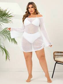 SHEIN Swim Plus Size Women Knitted White Off Shoulder Side Drawstring Vacation Beach Cover Up