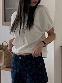 DAZY Women Plain Color Drawstring Tie Front Ruffle Trim White Short Sleeve Blouse Shirt, Spring & Summer - White - View 5