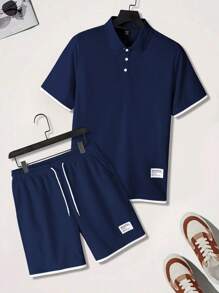 Manfinity Homme Men's 2-In-1 POLO Shirt And Drawstring Waist Shorts Set Men 2 Pieces Outfits Short Set