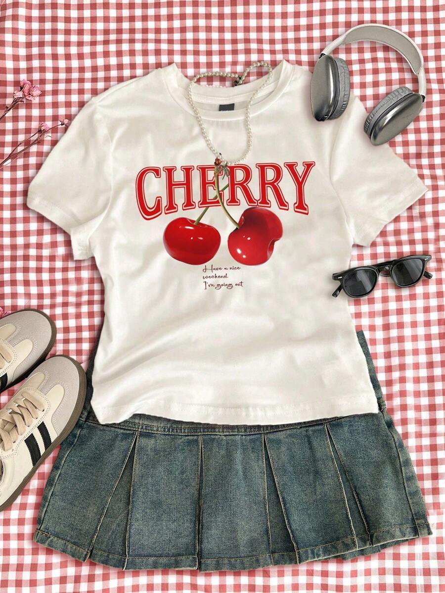 SHEIN Cute Retro Cherry Pattern, Tween Girls Fitted Casual Minimalist Comfy Round Neck Short Sleeve T-Shirt, Suitable For Summer