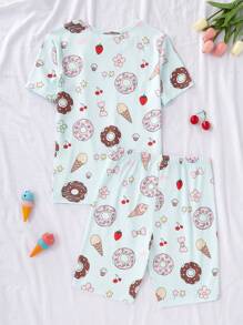 2 件套青少年女孩冰淇淋印花紧身圆领短袖衬衫和短裤睡衣套装，夏季