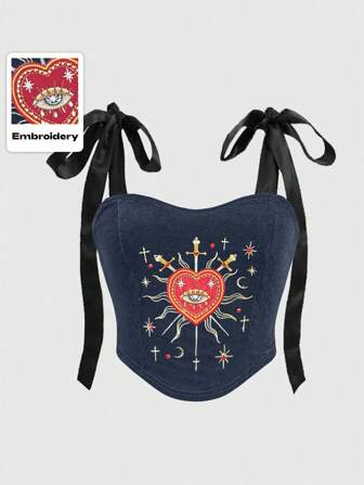 Gothic Princess Aesthetic Heart Embroidery Rhinestone Water Drop Teardrop Star Collar Lace-Up Cropped Tank Top For Women