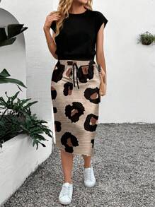 SHEIN LUNE 2pcs Set Women Textured Leopard Patchwork Mini Skirt For Summer Suitable For Going Out - Multicolor - View 1