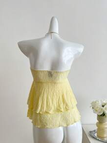 Sweetra Áo hai dây ren xoắn thắt nút mùa xuân/hè dành cho nữ, áo viền bèo nhún nhiều lớp - Màu vàng - Xem 2