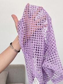 SHEIN Áo thun thể thao tay ngắn cổ tròn lưới đan thời trang dạo phố cho bé gái tuổi teen - Màu tím hoa cà - Xem 8