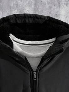 SHEIN Cottnline معطف شتوي قصير رجالي بغطاء للرأس، بطانة قطبية للدفء - رمادي - مشاهدة 4