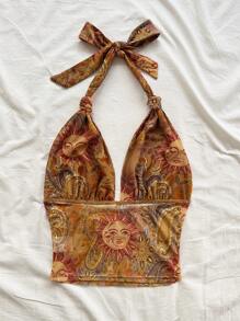 Soleia 女士节日针织网眼复古印花露背 V 领蝴蝶结网眼褶皱浪漫背心，适合约会、音乐节、性感、派对、海滩巡游、复活节、狂欢节、下午茶 - 彩色 - 查看 2