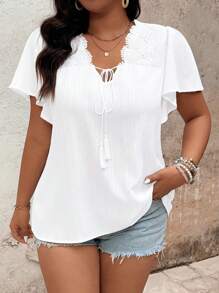 EMERY ROSE Plus Size Women Lace Patchwork Ruffled Sleeve Blouse - White - View 5