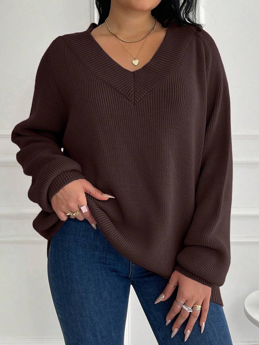 EURMUSE Plus Size Plain Color Raglan Sleeve Casual Sweater, Autumn/Winter - Brown - View 1