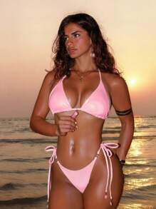 Swim SXY 2 piezas Conjunto de bikini de unicolor para mujer con tirantes halter rosa, decoración de concha y Bottom atada a los lados, ropa de playa de verano - Rosa - Ver 1