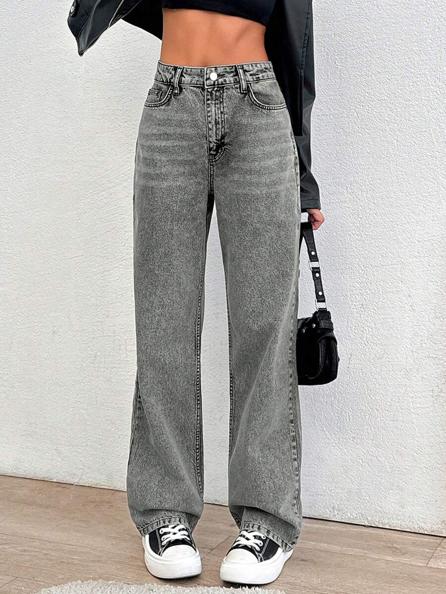 EURMUSE 高腰灰色直筒中号牛仔裤 - 灰色 - 查看 1