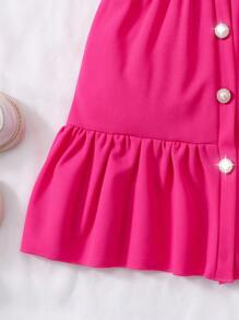 女童纯色翻领泡泡袖开衫连衣裙（配迷你包）夏季 - 玫紅色 - 查看 5