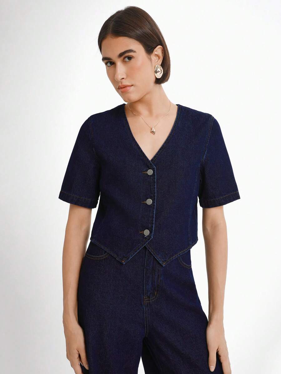 V-Neck Short Sleeve Denim Top Shirt, Beige - Dark Wash - View 1