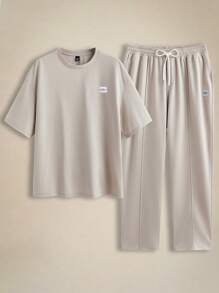 Manfinity VCAY 2pcs Big And Tall Men's Knitted Casual Short Sleeve T-Shirt Set, Suitable For Summer Casual Wear , Plus Size , Plain - Apricot - View 2