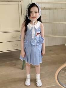 DAZY Bộ áo sơ mi không tay 2 mảnh kẻ caro viền bèo nhún cho bé gái kèm váy có nơ, trang phục mùa hè cho bé gái - Màu xanh lam - Xem 3