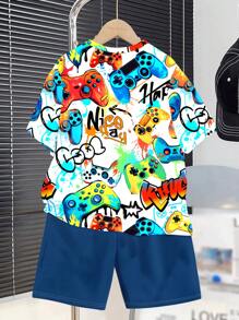 SHEIN Tween Boy Casual Cartoon Print Short Sleeve Crew Neck 2 Pieces Set, Suitable For Summer - Multicolor - View 3