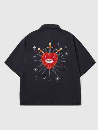Street Life Men's Street Denim Shirt With Heart Embroidery,