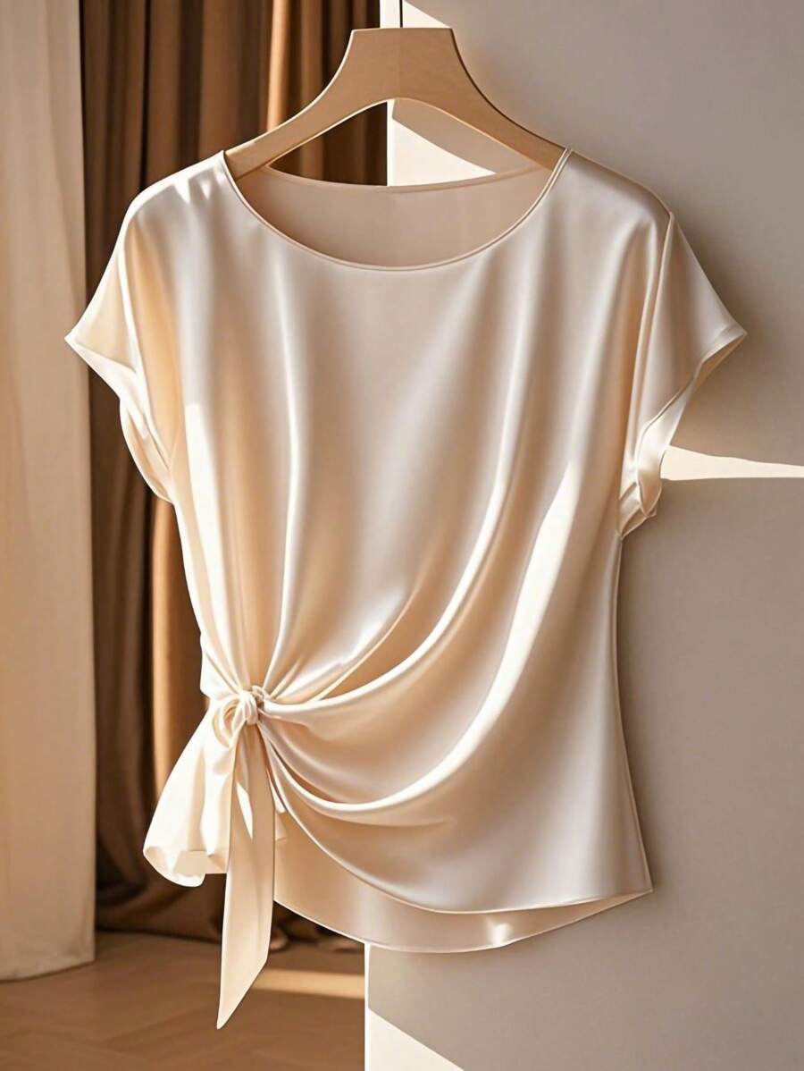 Franclia Elegant Short Sleeve Round Neck Hem Pleated Tie Butterfly Combination Khaki Spring Summer Women's Shirt Teacher Outfits For Women Shirts - Khaki - View 1