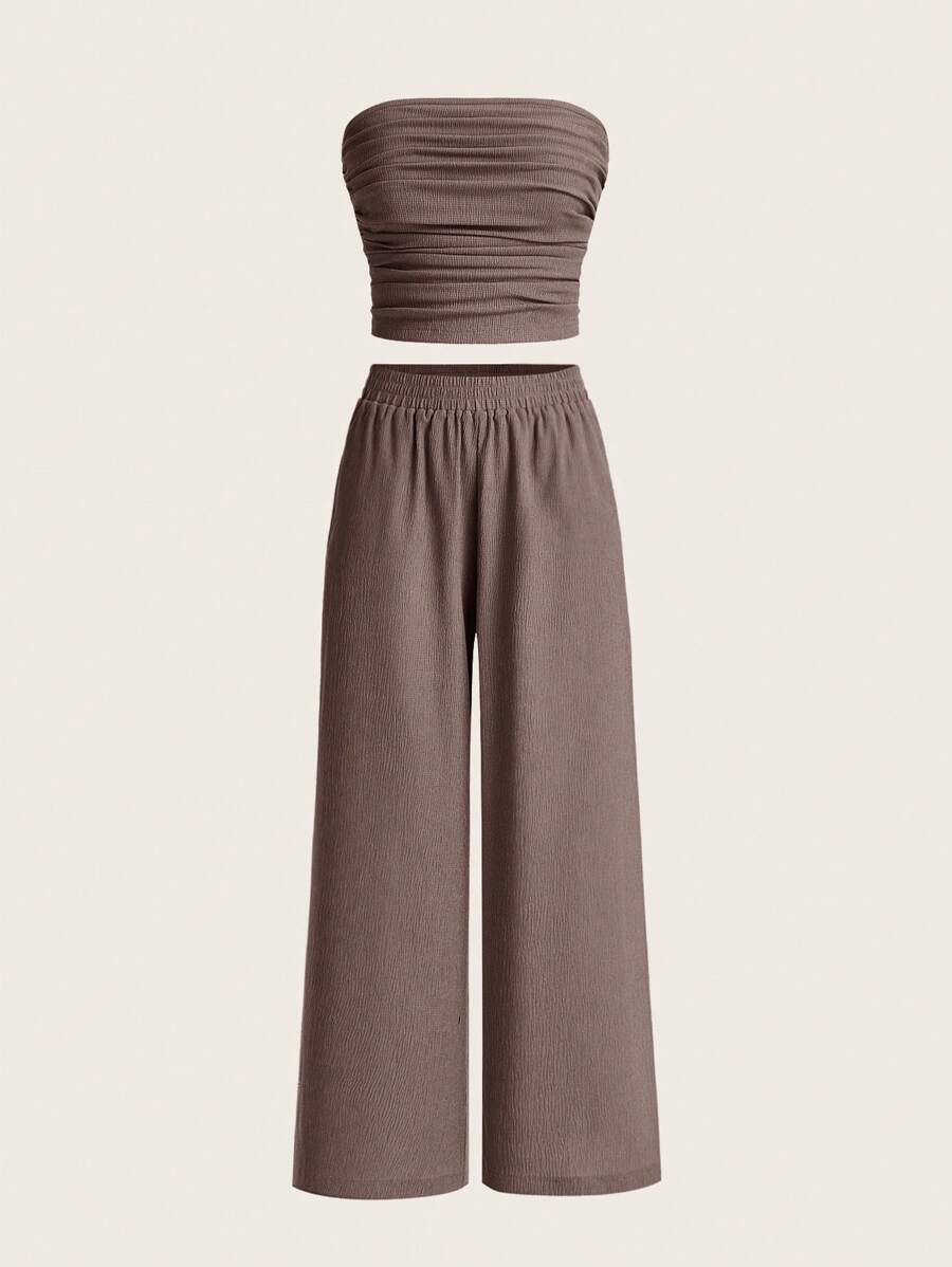 SHEIN EZwear 2pcs/Set Summer Casual Women's Brown Ruched Bandeau Top And Pants Set - Coffee Brown - View 1