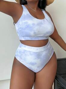 Slaydiva 2 bộ đồ bơi in họa tiết tie dye cỡ lớn cho nữ phong cách riêng biệt thời trang thường ngày đi nghỉ - Màu tím hoa cà - Xem 4