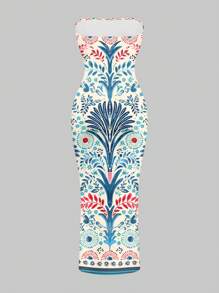 SHEIN SXY 休闲印花修身连衣裙，适合夏季度假 - 彩色 - 查看 7