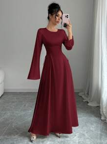 Elenzga 优雅杏色 A 字腰收腰喇叭袖连衣裙长款女装 - 酒紅色 - 查看 3