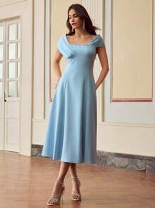 ZEYLAH Women Elegant Waist Decorated Asymmetric Rhinestone & Faux Pearl Embellished Mid-Length Dress - Blue - View 4