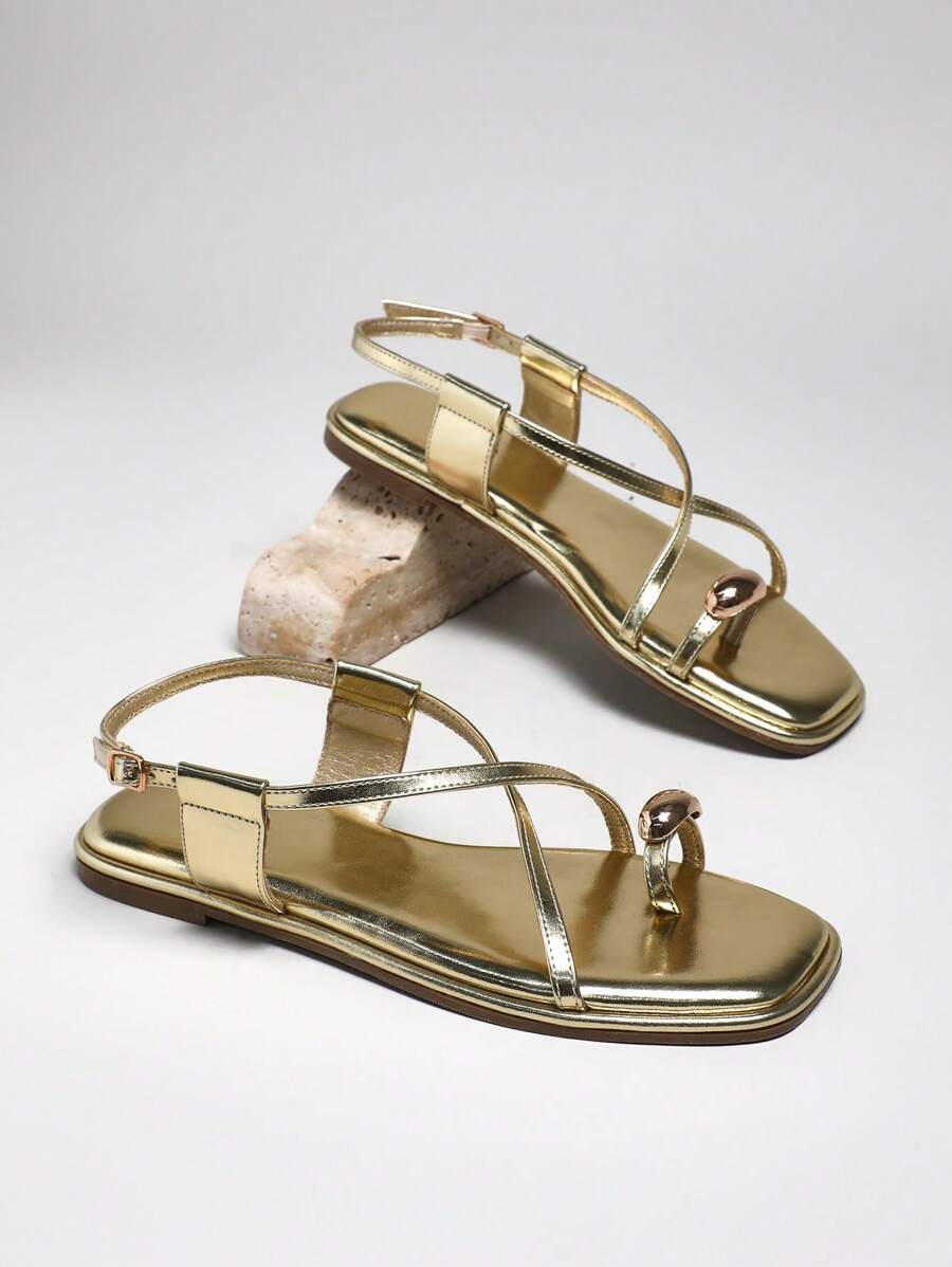 SHUZIA 女士时尚休闲方头系带人字凉鞋，镀金装饰 - 金色 - 查看 1