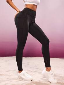 SHEIN Sports 女式高腰几何网眼拼接紧身裤 - 黑色 - 查看 4